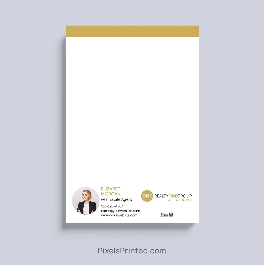 Personalized Realty ONE Group realtor notepad with headshot and contact information