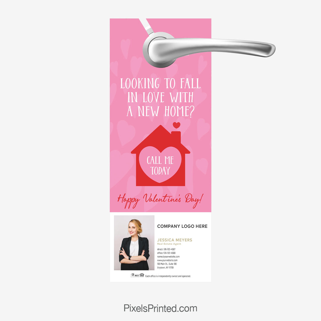 Valentine-themed Century 21 door hanger 'Looking to fall in love with a new home' for realtors.