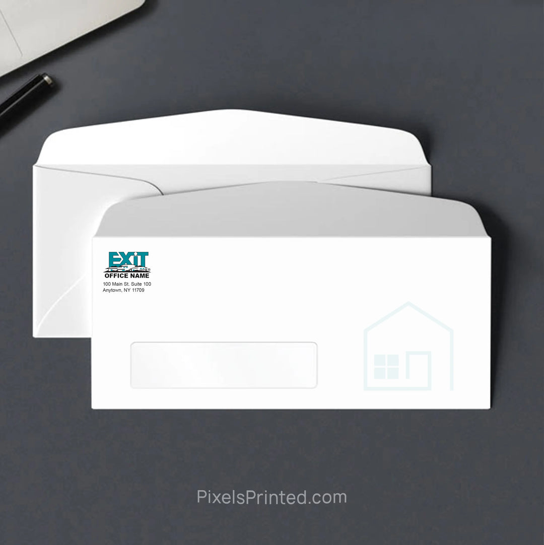 Personalized EXIT Realty real estate office window envelope with return address and logo