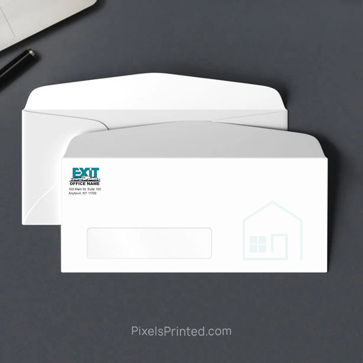 Personalized EXIT Realty real estate office window envelope with return address and logo