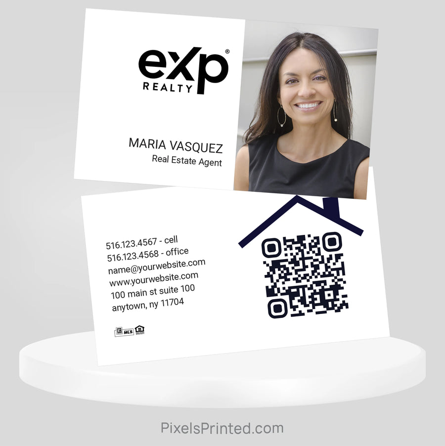Modern eXp Realty business card featuring an agent headshot and personalized branding.