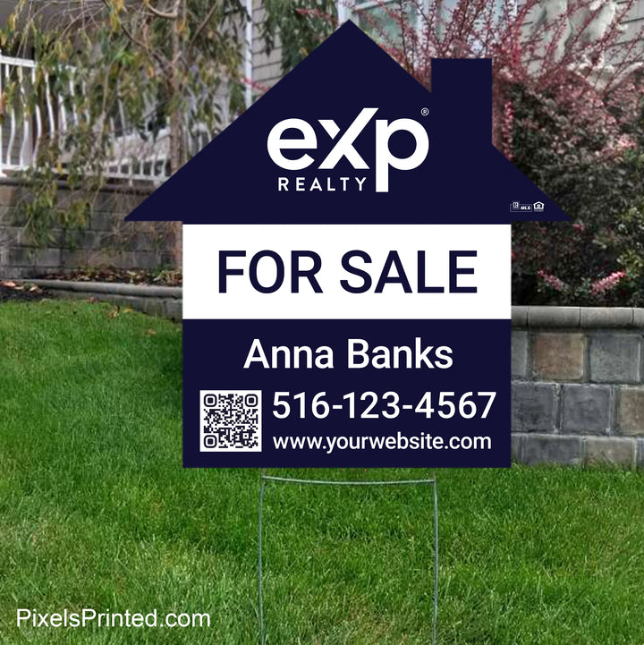 eXp Realty house shaped listing yard sign featuring a FOR SALE message to attract attention to a property with QR code