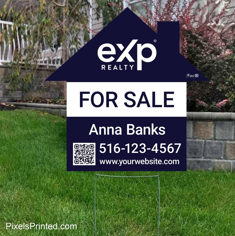 eXp Realty house shaped listing yard sign featuring a FOR SALE message to attract attention to a property with QR code