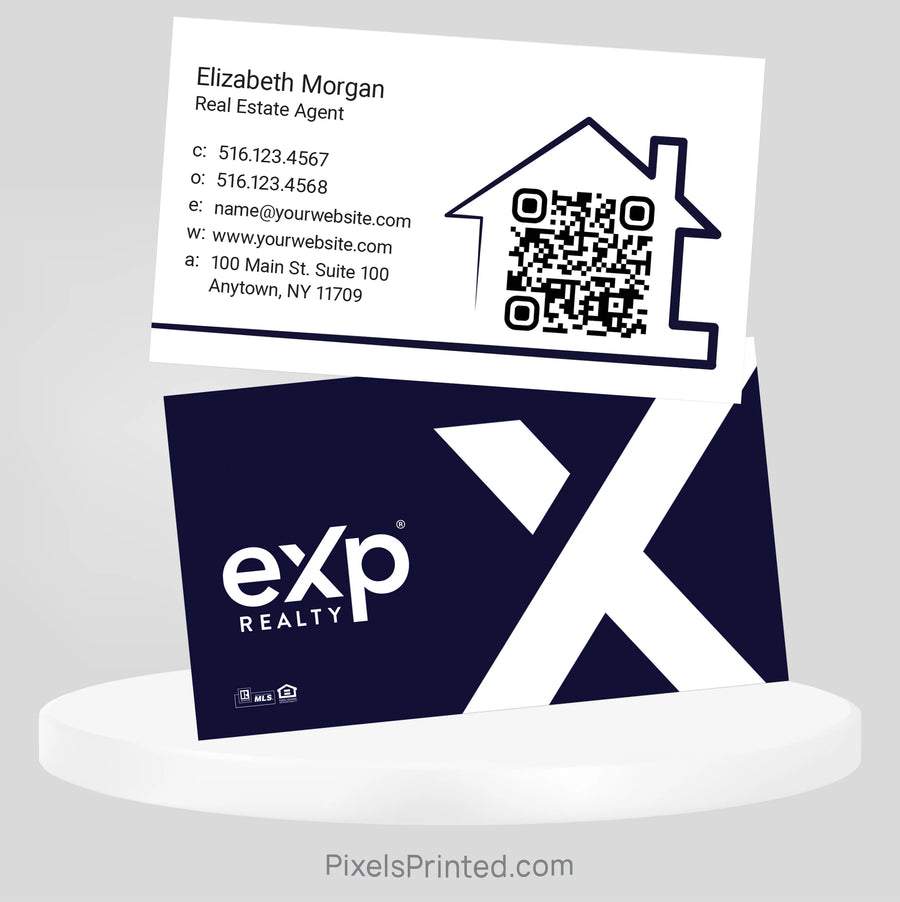 Professional eXp Realty business card featuring a house graphic, agent headshot, and personalized branding.