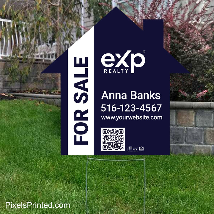 eXp Realty house shaped FOR SALE property sign with metal step stake for professional real estate marketing.