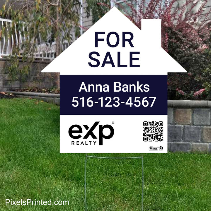 eXp Realty house shaped real estate yard sign with FOR SALE message and sturdy metal step stake.
