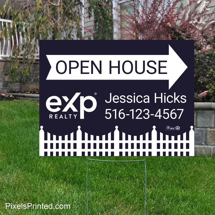 eXp Realty open house directional sign with metal step stake designed to help potential buyers find the property.