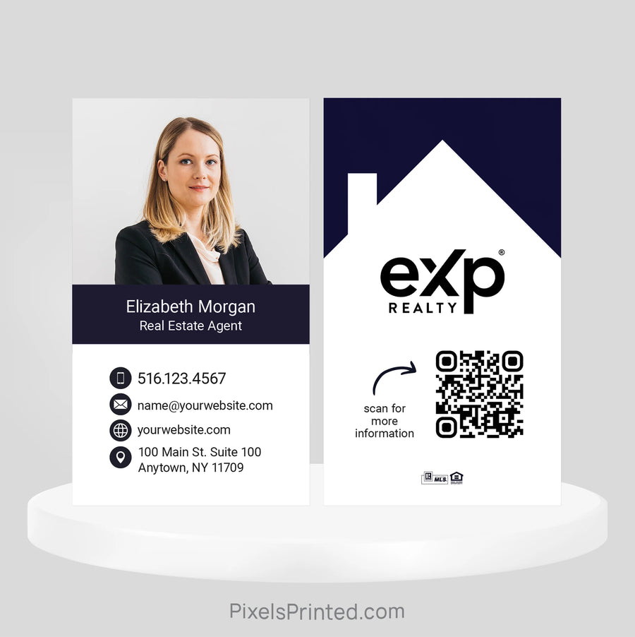 Modern eXp Realty business card featuring a stylish house illustration and agent branding.