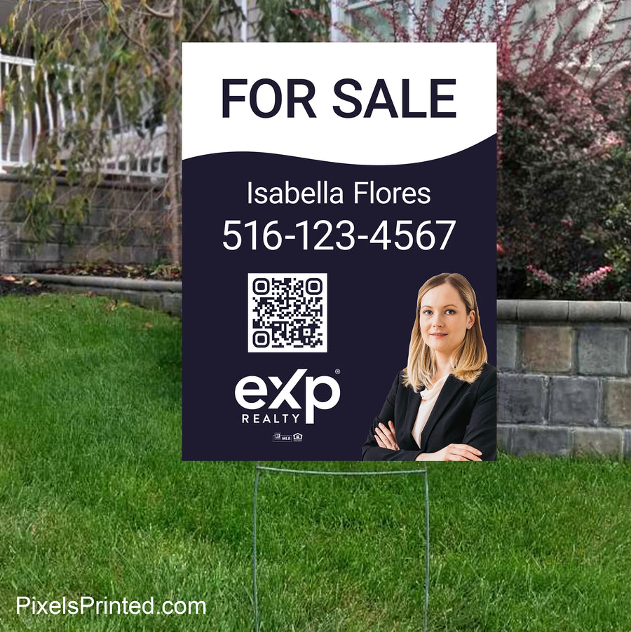 eXp Realty corrugated real estate yard sign with metal step stake and customizable wording for multiple marketing uses.