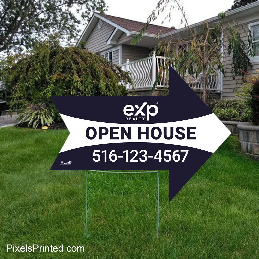 eXp Realty arrow shaped real estate yard sign with metal step stake for directing buyers to listings and open houses.