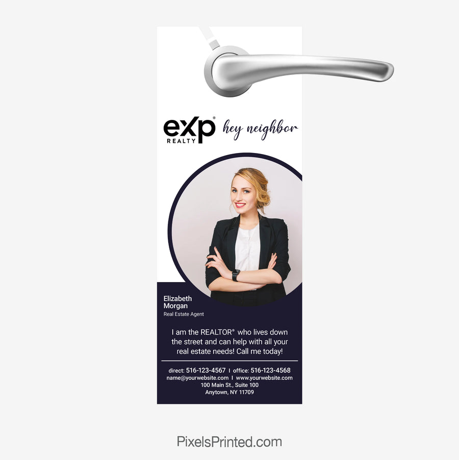 eXp Realty Hi Neighbor door hanger designed for real estate agents introducing themselves and farming a local neighborhood.