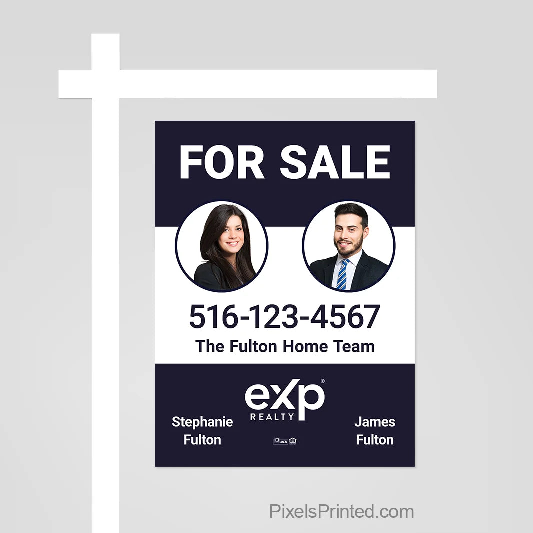 eXp Realty real estate team sign panel featuring two agents, designed to give a listing a professional and highly visible presence.