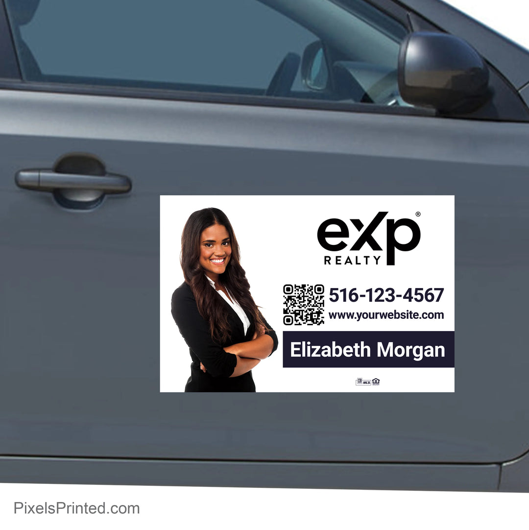 eXp Realty car decal featuring a professional real estate agent headshot and personalized contact information.