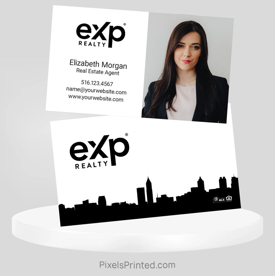 exp realty business cards with skyline design for real estate agents