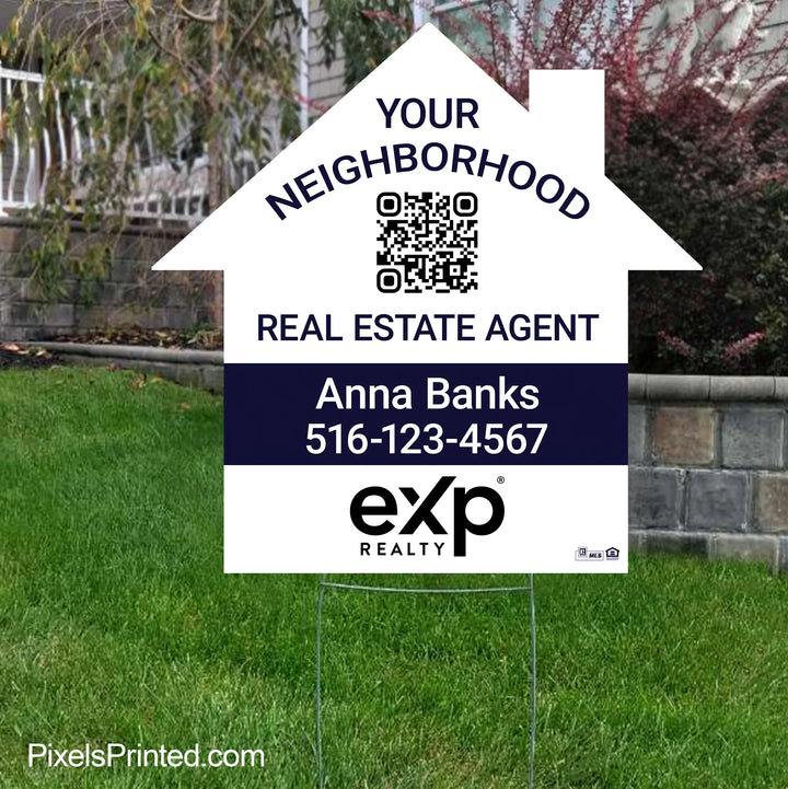eXp Realty house shaped yard sign promoting a local realtor and creating a visible neighborhood presence.