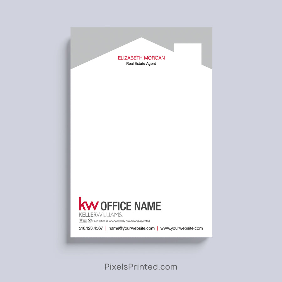 Keller Williams realtor notepad with house roof design and agent branding