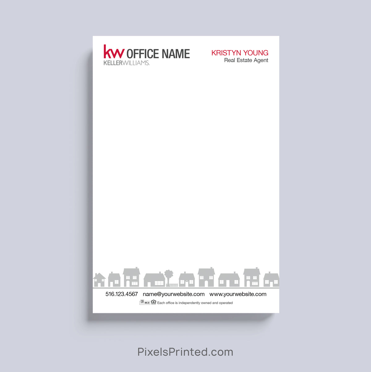 Keller Williams real estate notepad with neighborhood houses and agent branding