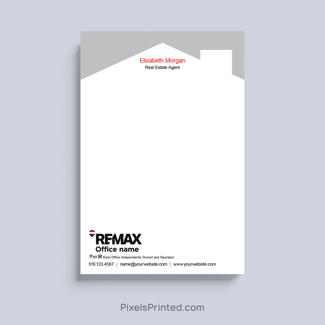RE/MAX realtor notepad with house roof design and personalized branding