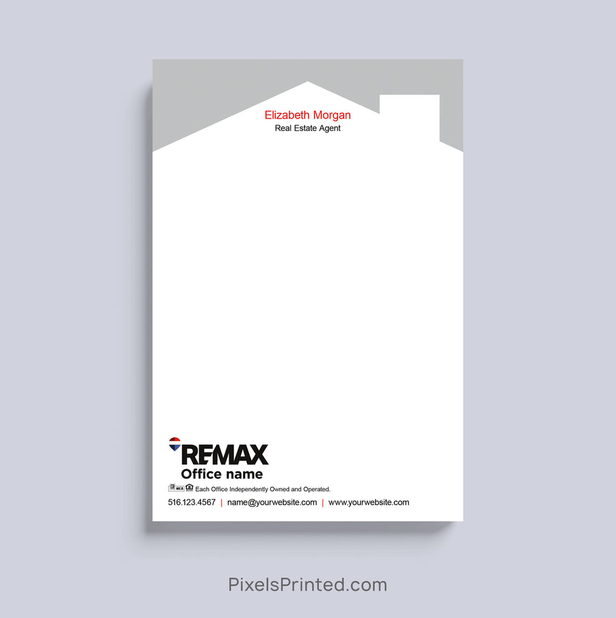 RE/MAX realtor notepad with house roof design and personalized branding