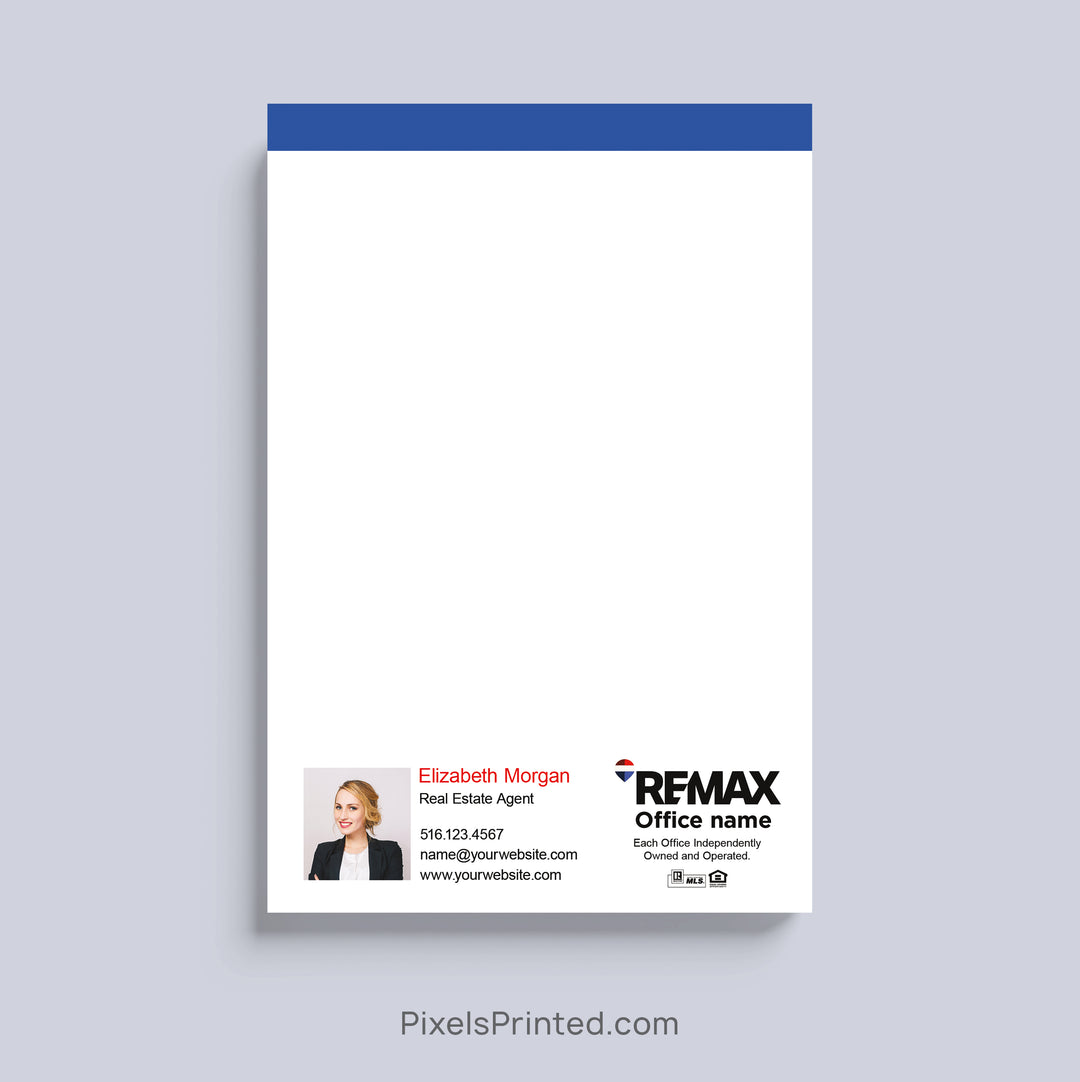 Personalized RE/MAX realtor notepad with headshot and contact information