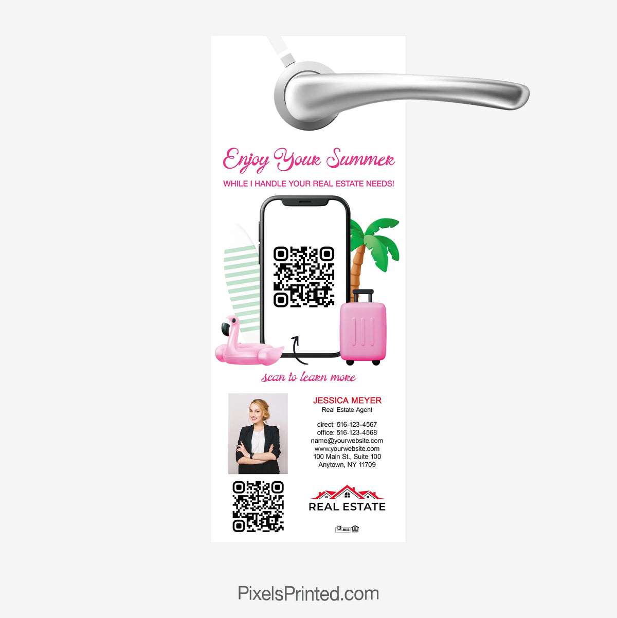 Summer-themed real estate agent introduction door hanger with QR code